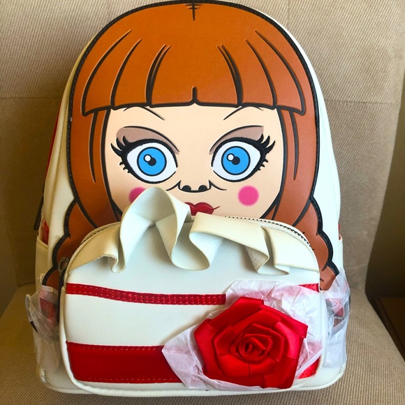 NWT LOUNGEFLY Annabelle Doll Face Cosplay The Conjuring Comes Home Mini Backpack - Picture 1 of 8